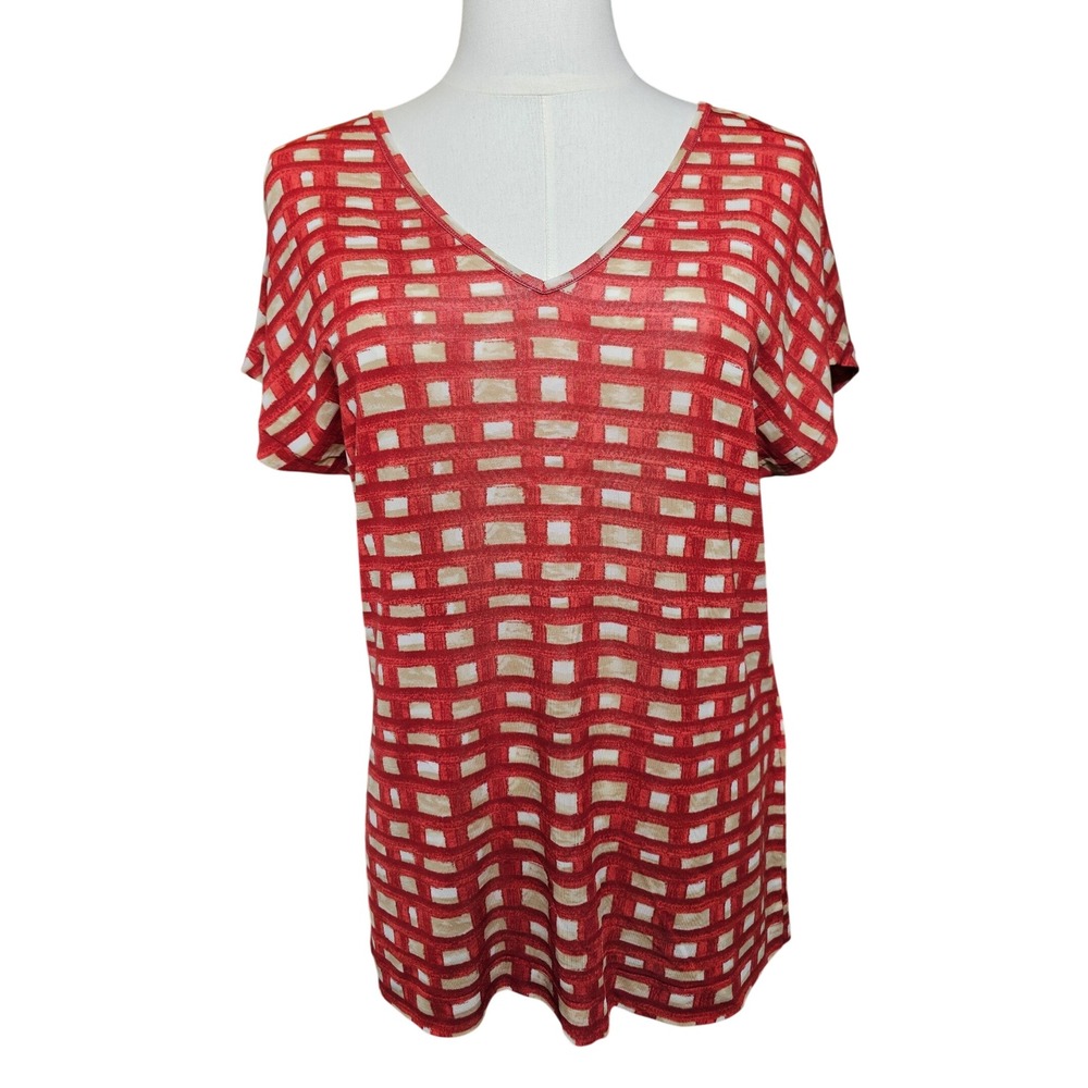 Piazza Sempione Red Tan Geometric Print V-Neck Top IT 44‎ Made in Italy Sm/Med